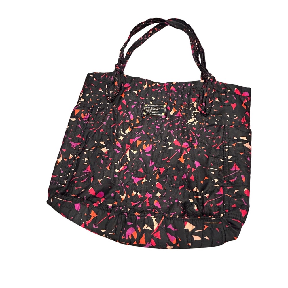 Marc Jacobs Quilted Tote Bag‎ Black Pink Orange Floral Print Nylon Shoulder Bag